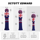 Scott Edward Knitted Golf Club Head Covers for Woods 3Pcs Set Golf Driver (460CC) Fairways and Hybrid/UT with Rotating Number Tags(UK Flag)
