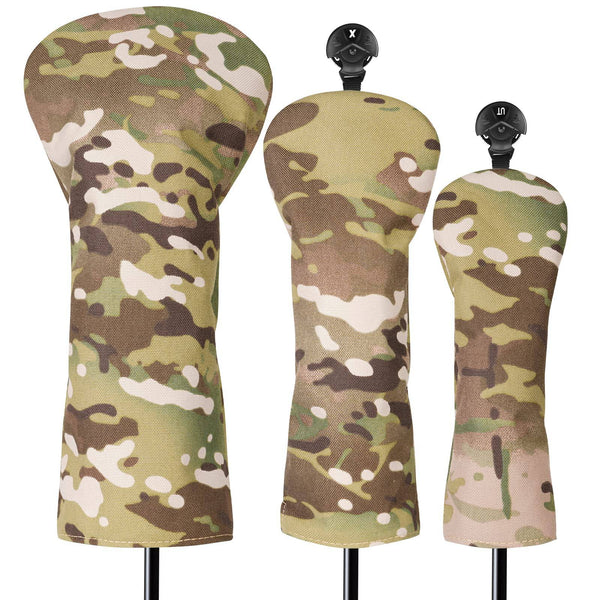 3 Pack Golf Club Head Covers for Driver, Fairway Woods and Hybrid Camouflage Green, Golf Headcover to Fit All Golf Clubs