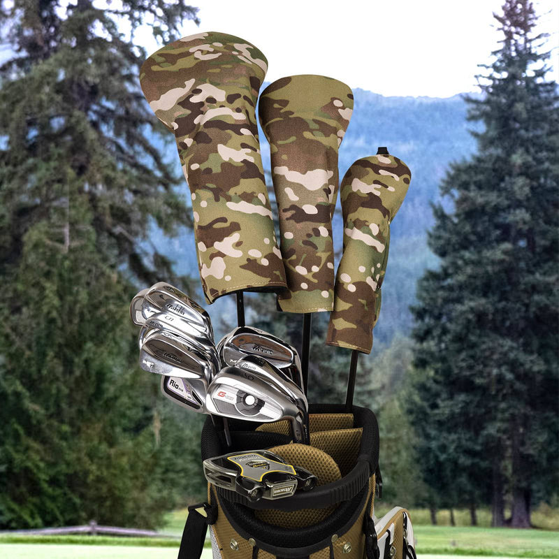 3 Pack Golf Club Head Covers for Driver, Fairway Woods and Hybrid Camouflage Green, Golf Headcover to Fit All Golf Clubs