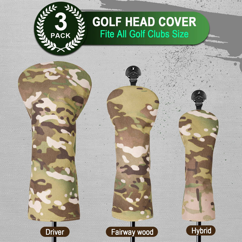 3 Pack Golf Club Head Covers for Driver, Fairway Woods and Hybrid Camouflage Green, Golf Headcover to Fit All Golf Clubs