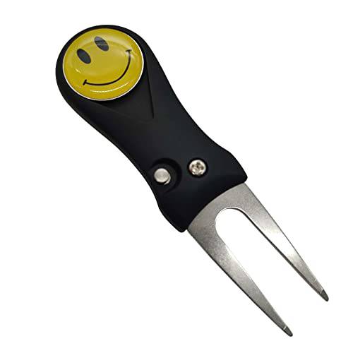 Golf Divot Repair Tool with Smiley Face Magnetic Ball Marker | Quick Release Pop-up Button | Black with Yellow Ball Marker - Golf Gift