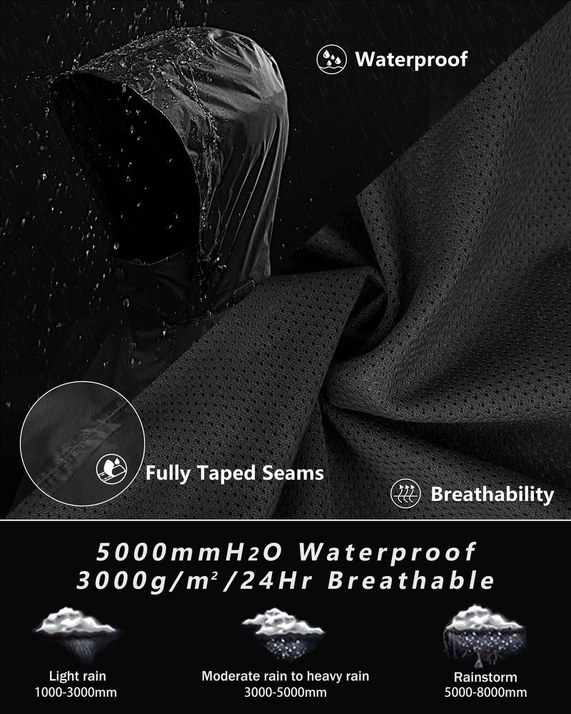 33,000ft Men's Waterproof Rainsuit Hooded Rain Jacket Rain Trousers Packable Raincoat Sets Windproof Two Piece Rain Suit Black