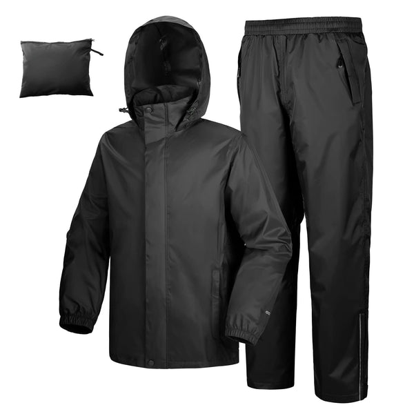 33,000ft Men's Waterproof Rainsuit Hooded Rain Jacket Rain Trousers Packable Raincoat Sets Windproof Two Piece Rain Suit Black