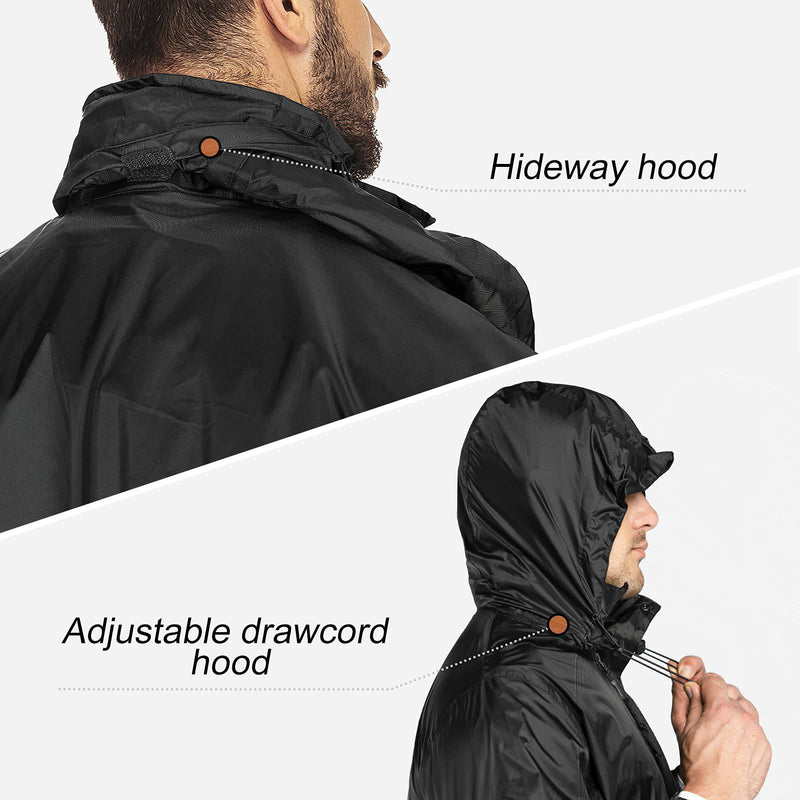 33,000ft Men's Waterproof Rainsuit Hooded Rain Jacket Rain Trousers Packable Raincoat Sets Windproof Two Piece Rain Suit Black