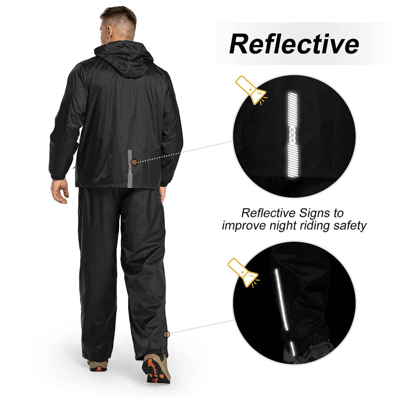 33,000ft Men's Waterproof Rainsuit Hooded Rain Jacket Rain Trousers Packable Raincoat Sets Windproof Two Piece Rain Suit Black