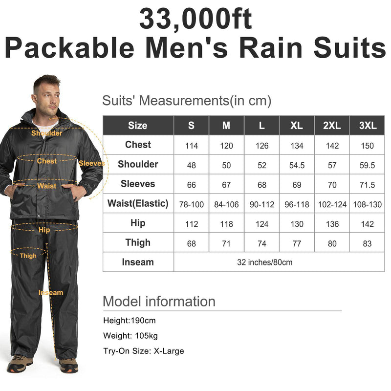 33,000ft Men's Waterproof Rainsuit Hooded Rain Jacket Rain Trousers Packable Raincoat Sets Windproof Two Piece Rain Suit Black