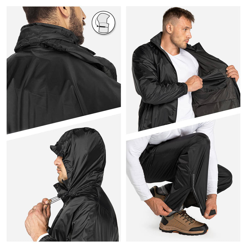 33,000ft Men's Waterproof Rainsuit Hooded Rain Jacket Rain Trousers Packable Raincoat Sets Windproof Two Piece Rain Suit Black