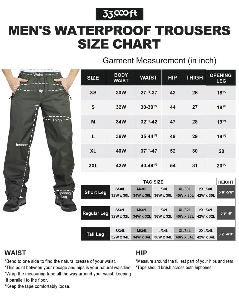 33,000ft Men's Waterproof Trousers Lightweight Breathable Rain Overtrousers with Zip Pockets, Outdoor Windproof Rain Over Pants, Black