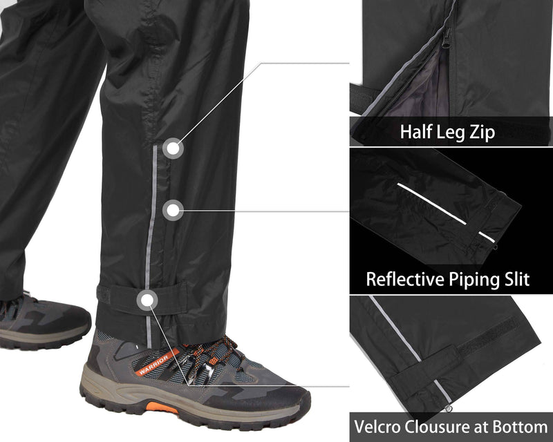 33,000ft Men's Waterproof Trousers Lightweight Breathable Rain Overtrousers with Zip Pockets, Outdoor Windproof Rain Over Pants, Black