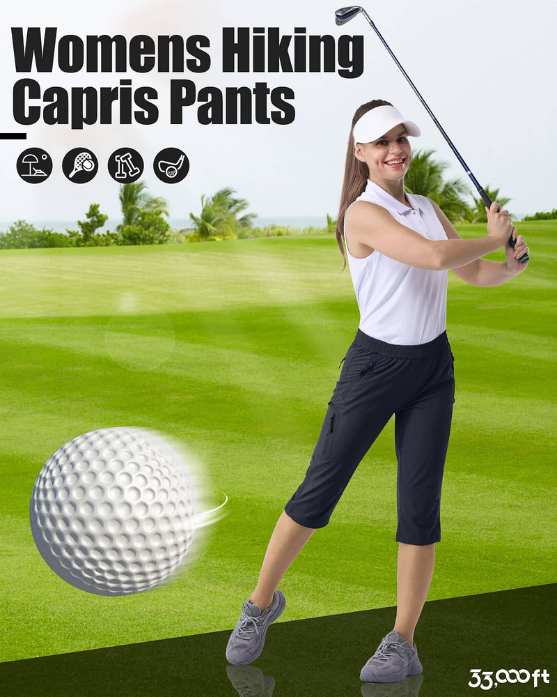 33,000ft Women's Capri Golf Trousers Casual Quick Dry UPF 50+ Lightweight Quick Dry 3/4 Cargo Pants Hiking Shorts with Pockets Dark Grey