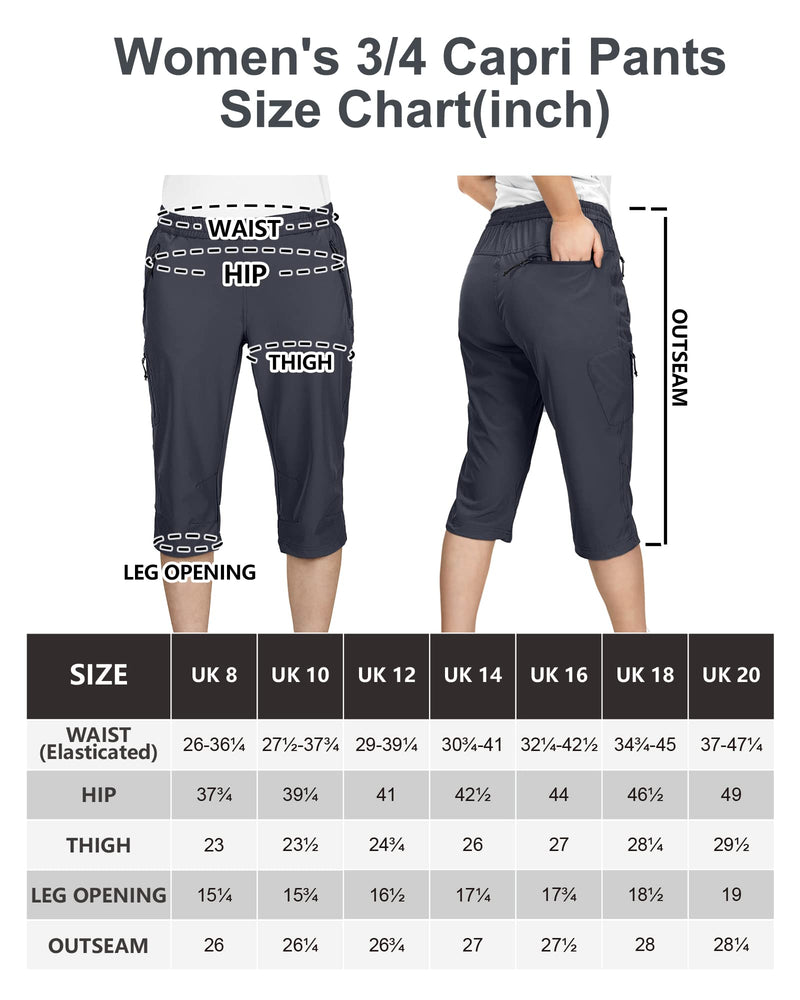 33,000ft Women's Capri Golf Trousers Casual Quick Dry UPF 50+ Lightweight Quick Dry 3/4 Cargo Pants Hiking Shorts with Pockets Dark Grey