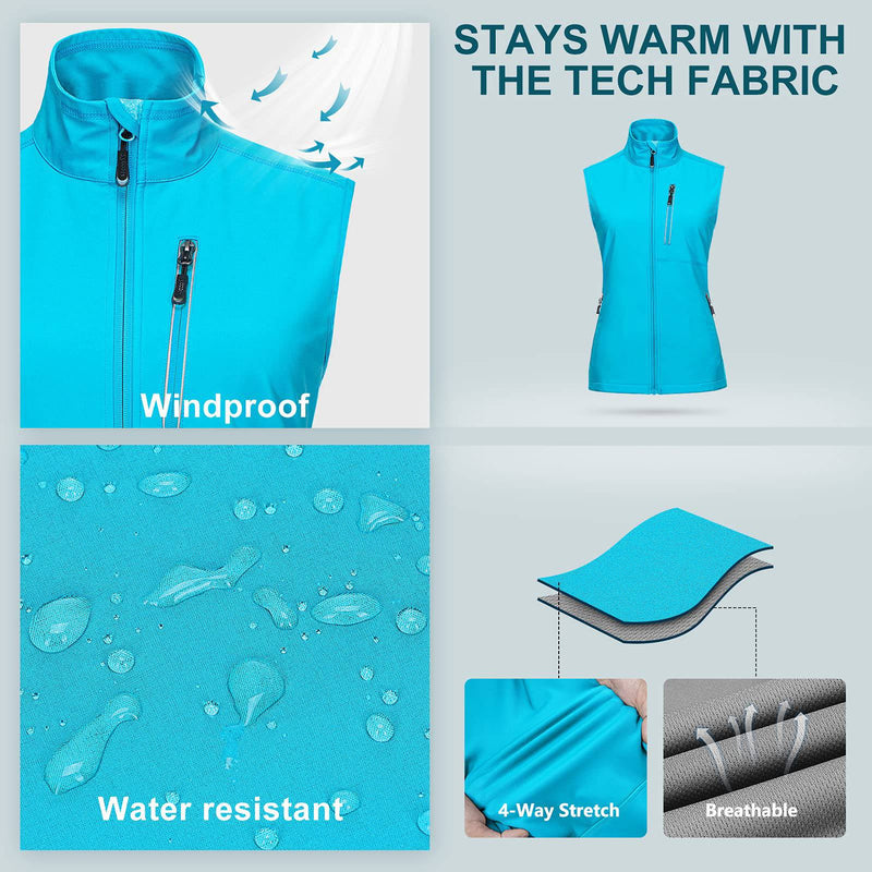 33,000ft Women's Lightweight Gilet Outerwear Waterproof Stand Collar Softshell Cycling Vest Laddies Reflective Sleeveless Jacket for Golf (Blue)