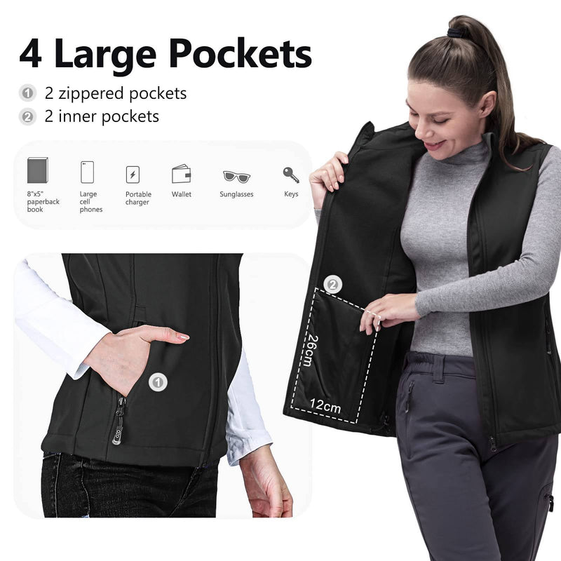 33,000ft Women's Softshell Full Zip Gilet Fleece Lined Windproof Vest Outerwear Lightweight Sleeveless Jacket for Golf Black