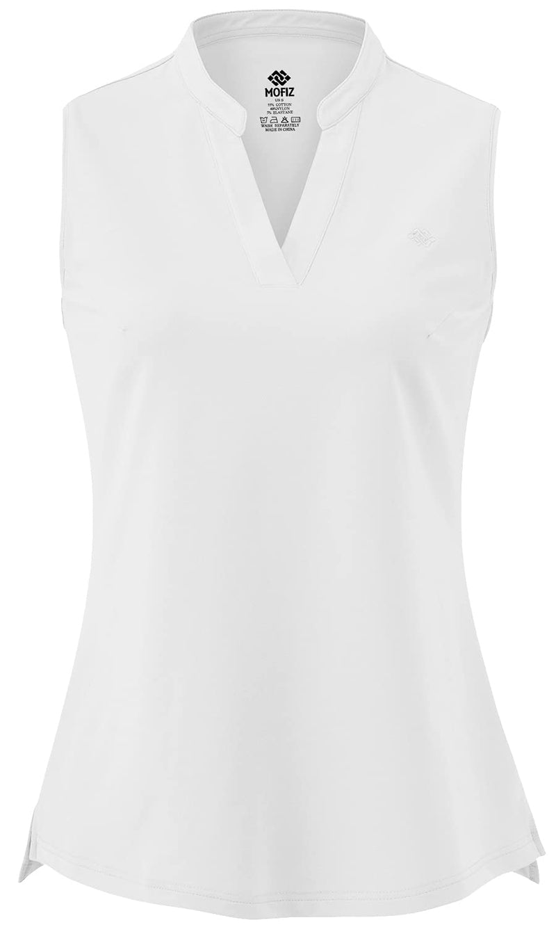 MoFiz Women's Sleeveless Running T-Shirt Cotton Slim Fit Golf Polo Shirts V-Neck Workout Activewear Top White Small - Golf Gift