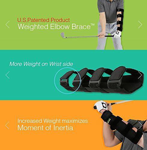 Weighted Elbow Brace - Shoulder Turn & Straight Arm Golf Swing Trainer Increasing The Moment of Inertia Force (Rigid, Patented) - Golf Gift