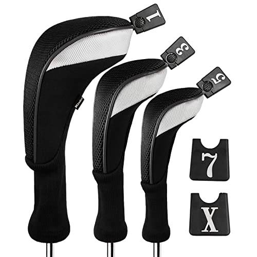 Andux 6pcs/Set Golf Club Head Covers Long Neck (3pcs Hybrid Covers + 3pcs Wood Covers) (Black/Silver) - Golf Gift