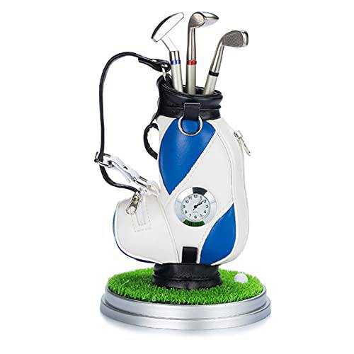 Golf Bag Pen Holder with Clock for Desk Mini Golf Caddy Cart Holder and 3 Pens Golf Gifts Set for Men Women, Desktop Aluminum Alloy Golf Pens Souvenir Gift(White/Blue - Golf Bag) - Golf Gift