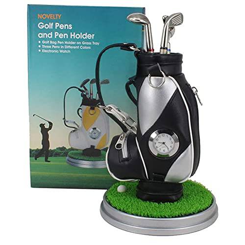 Golf Bag Pen Holder with Clock for Desk Mini Golf Caddy Cart Holder and 3 Pens Golf Gifts Set for Men Women, Desktop Aluminum Alloy Golf Pens Souvenir Gift(White/Blue - Golf Bag) - Golf Gift