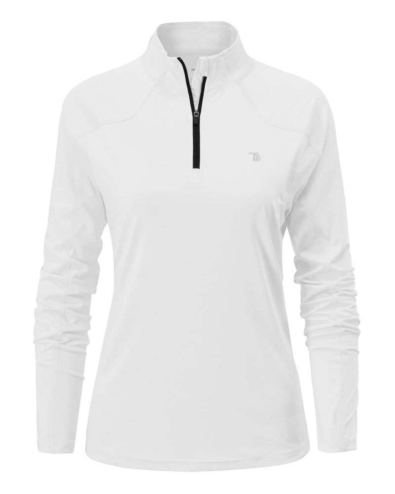 YSENTO Women's Long Sleeve Running Sports Tops Lightweight Gym Walking Zip Up Golf Polo T-Shirt(White,M) - Golf Gift