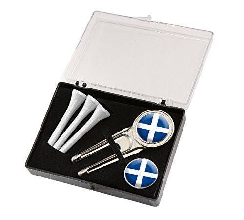 SCOTLAND GOLF GIFT BOX SET BY ASBRI. CRESTED DIVOT TOOL, GOLF BALL MARKER AND 3 GOLF TEES - Golf Gift