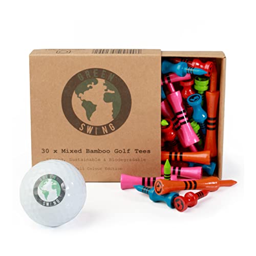 Green Swing Bamboo Golf Tees Mixed Sizes | Strong Sustainable Biodegradable | 30pcs | Full Colour Edition - Golf Gift