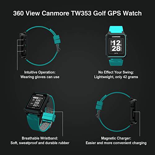 CANMORE TW353 Golf GPS Watch for Men and Women, High Contrast LCD Display, Free Update Over 41,000 Preloaded Courses Worldwide, Lightweight Essential Golf Accessory for Golfers, Black/Turquoise - Golf Gift