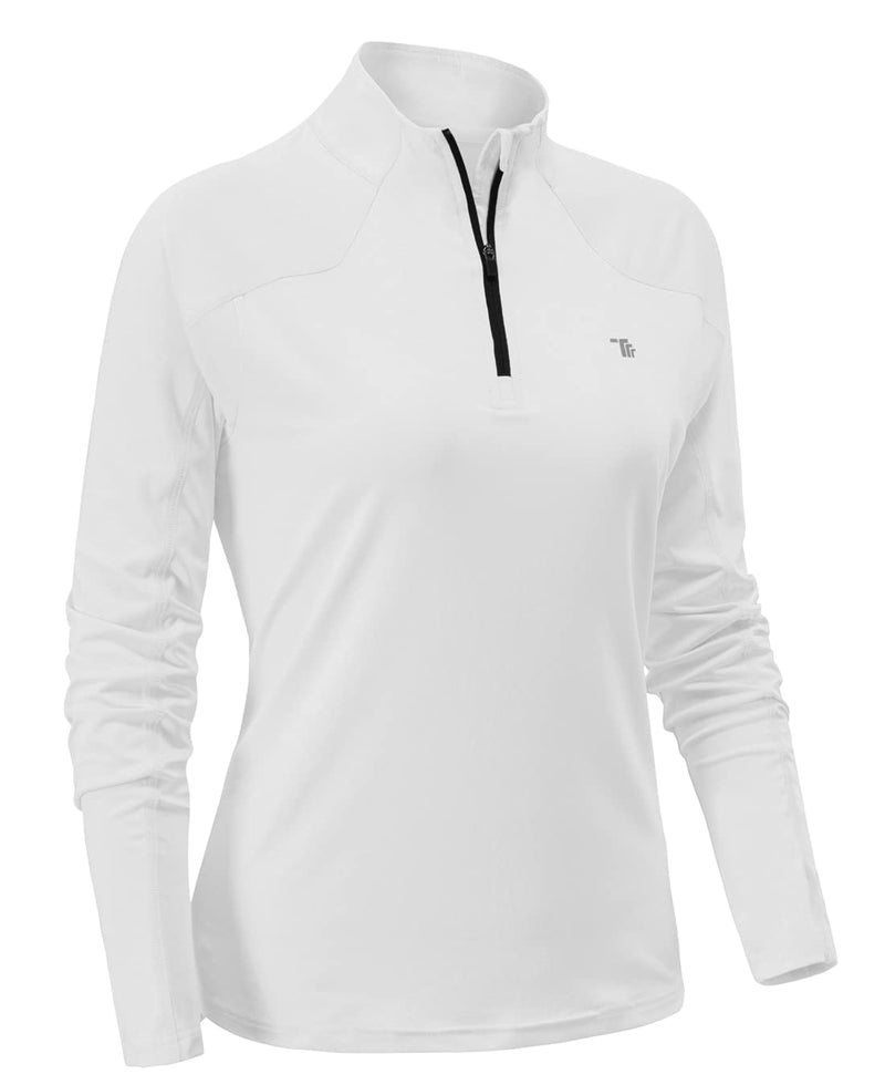 YSENTO Women's Long Sleeve Running Sports Tops Lightweight Gym Walking Zip Up Golf Polo T-Shirt(White,M) - Golf Gift