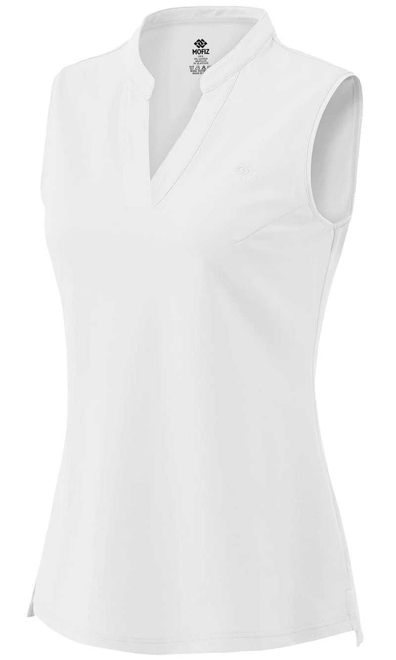 MoFiz Women's Sleeveless Running T-Shirt Cotton Slim Fit Golf Polo Shirts V-Neck Workout Activewear Top White Small - Golf Gift