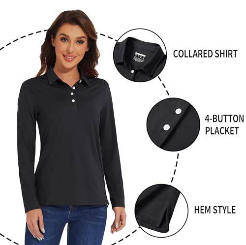 TACVASEN Polo Shirts for Women Adult Golf Shirts Womens Long Sleeve UPF 50+ T-Shirts Comfortable Leisure Work Shirt Black,S - Golf Gift