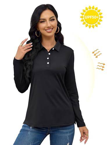 TACVASEN Polo Shirts for Women Adult Golf Shirts Womens Long Sleeve UPF 50+ T-Shirts Comfortable Leisure Work Shirt Black,S - Golf Gift