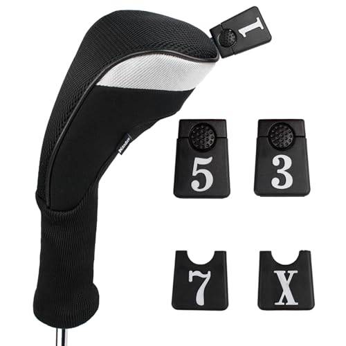 Andux 6pcs/Set Golf Club Head Covers Long Neck (3pcs Hybrid Covers + 3pcs Wood Covers) (Black/Silver) - Golf Gift