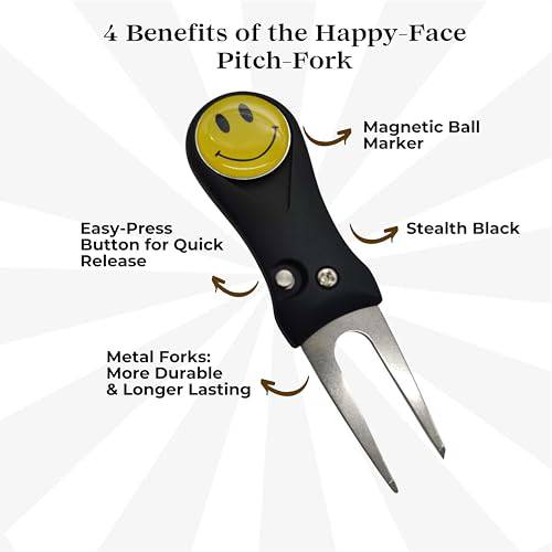 Golf Divot Repair Tool with Smiley Face Magnetic Ball Marker | Quick Release Pop-up Button | Black with Yellow Ball Marker - Golf Gift