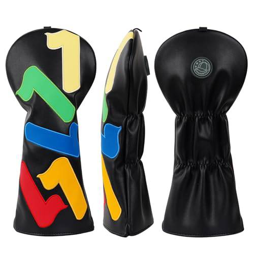 Golf Club Head covers for Driver 460CC DR #1 Elastic Closure Black PU Leather Multicolored Text - Golf Gift