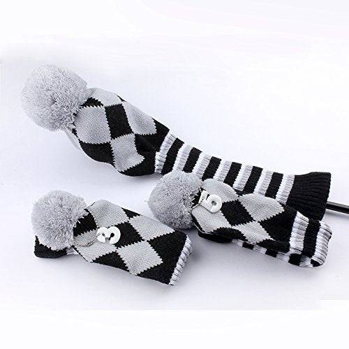 Big Teeth Knitted Golf Club Head Covers 3 Pcs/Set 1 3 5 Driver 460cc & Fairway Woods Headcovers Cute Pom Pom (grey) - Golf Gift