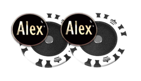 Personalised Magnetic Poker Chip Golf Ball Markers (Black & White Chip, Gold on Black) - Golf Gift