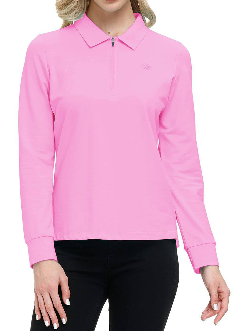 MoFiz Women's Long Sleeve Polo Shirts Cotton Golf Tops Casual Sports T-Shirt with 1/4 Zipper Pink Size M - Golf Gift