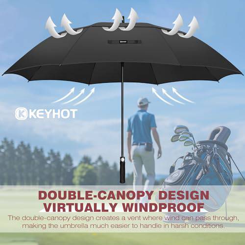 KEYHOT Golf Umbrella Windproof Strong 56 Inch - Large Golfing Umbrella Automatic Open - Extra Large Umbrella Double Canopy Vented for Men Women (Black) - Golf Gift