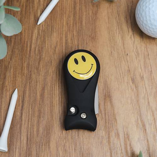 Golf Divot Repair Tool with Smiley Face Magnetic Ball Marker | Quick Release Pop-up Button | Black with Yellow Ball Marker - Golf Gift