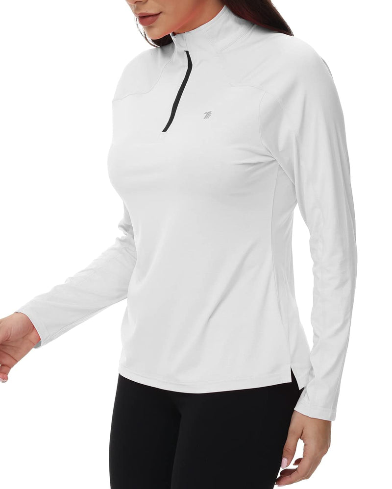 YSENTO Women's Long Sleeve Running Sports Tops Lightweight Gym Walking Zip Up Golf Polo T-Shirt(White,M) - Golf Gift