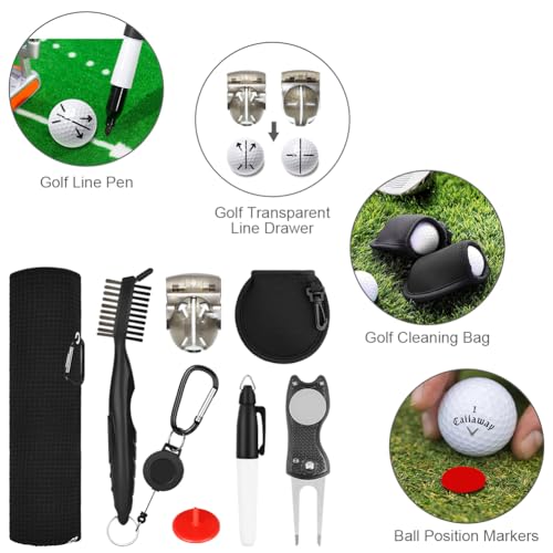 flintronic Golf Accessories, Golf Towel for Golf Bags with Clip Pitch Mark Repair Tool, Golf Club Cleaner, Foldable Divot Repair Tool with Golf Marker, 7-Piece Golf Gifts Set - Golf Gift