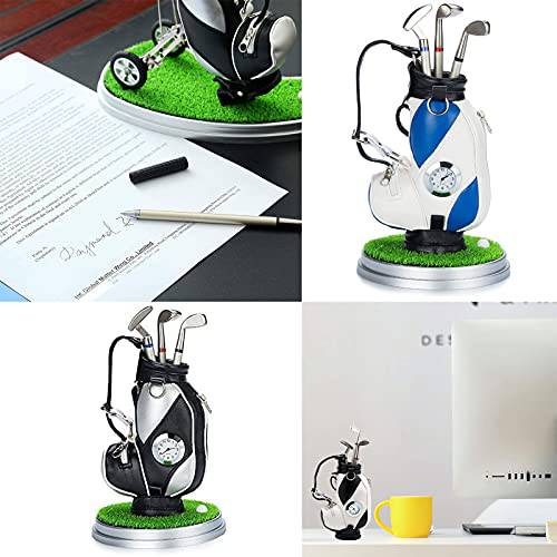 Golf Bag Pen Holder with Clock for Desk Mini Golf Caddy Cart Holder and 3 Pens Golf Gifts Set for Men Women, Desktop Aluminum Alloy Golf Pens Souvenir Gift(White/Blue - Golf Bag) - Golf Gift