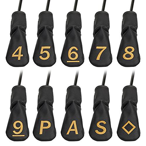 10pcs /Set Black Hybrid Iron Club Head Covers Protector with Large Gold No. - Golf Gift