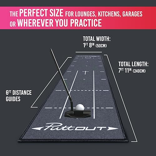 PuttOut Pro Golf Putting Mat - Perfect Your Putting, Grey, 240 x 50 cm - Golf Gift