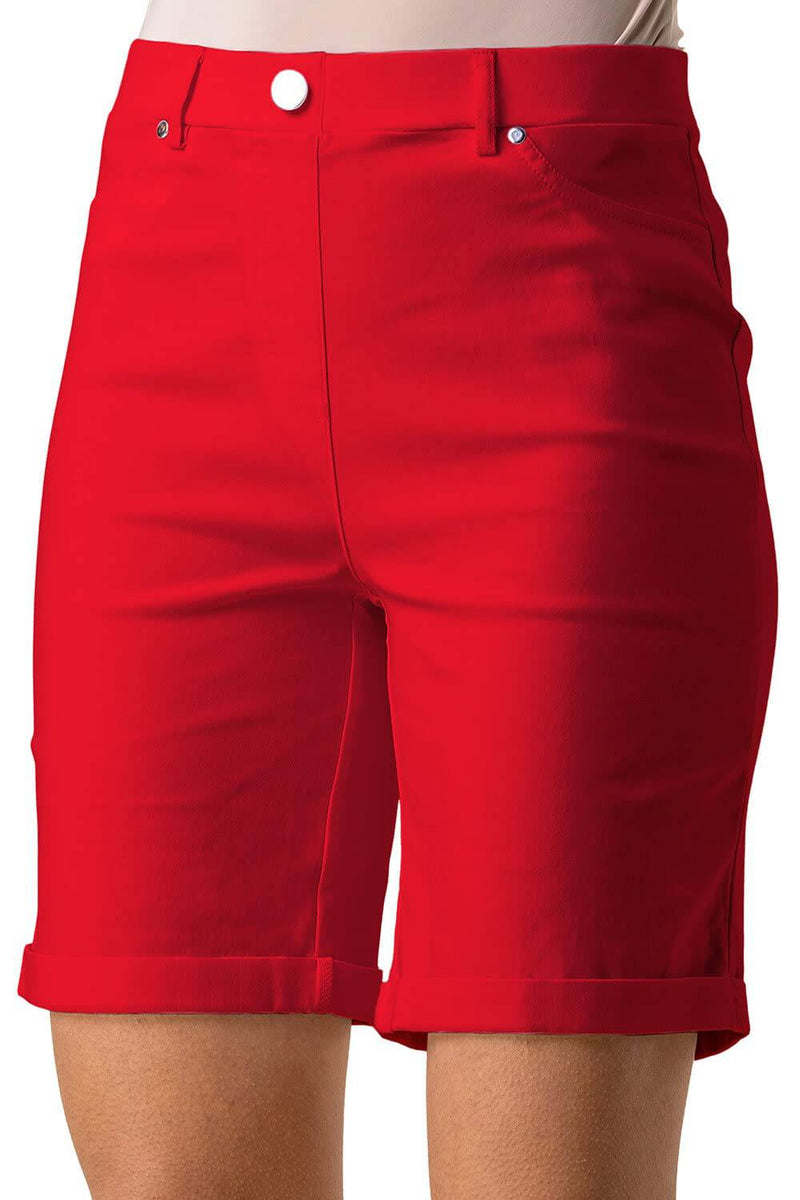 Roman Originals Stretch Shorts for Women UK Ladies Pull On Turned Hem Cut Off Bengaline Mom Boyfriend Boy Denim Casual Cropped Pants Capri Slim Fit Turn Up Summer Crops Mother - Red - Size 14 - Golf Gift