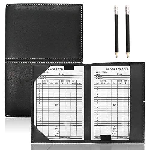 Golf Scorecard Holder Synthetic Leather with 2 Score Sheets and 2 Pencils Value Gift Pack, Golf Score Counter Book Yardage Organiser Soft Deluxe Genuine for Men Women Color Black Brown Navy (Black) - Golf Gift