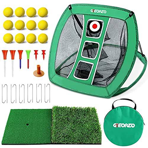 GEEORZO Golf Chipping Net, Pop Up Golf Practice Net with 2 Golf Hitting Mats, 12 Practice Balls and Golf Tees Accessories for Backyard Outdoor Indoor (Net+Mats+Balls(Green)) - Golf Gift