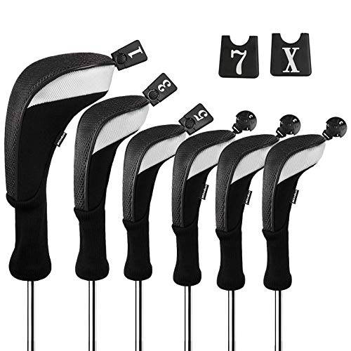 Andux 6pcs/Set Golf Club Head Covers Long Neck (3pcs Hybrid Covers + 3pcs Wood Covers) (Black/Silver) - Golf Gift