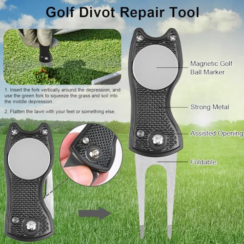 flintronic Golf Accessories, Golf Towel for Golf Bags with Clip Pitch Mark Repair Tool, Golf Club Cleaner, Foldable Divot Repair Tool with Golf Marker, 7-Piece Golf Gifts Set - Golf Gift