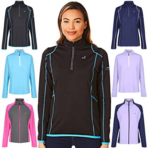 Under Par UPLMID1746 Womens Zip Neck Sweater Jumper Breathable Moisture Wicking Ladies Golf Mid Layer Top, Uplmid1746 - Black/Summer Blue, 14 UK - Golf Gift