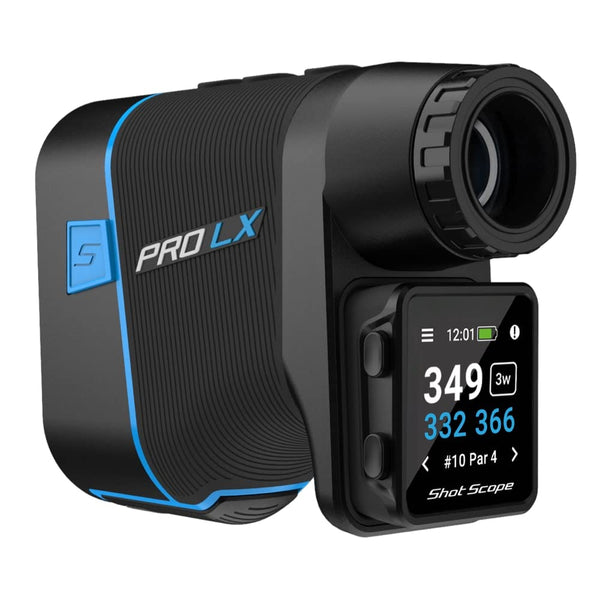 Shot Scope PRO LX+ Laser Rangefinder with Performance Tracking (Blue) - F/M/B green and hazard distances - 100+ statistics including Strokes Gained - Golf Gift